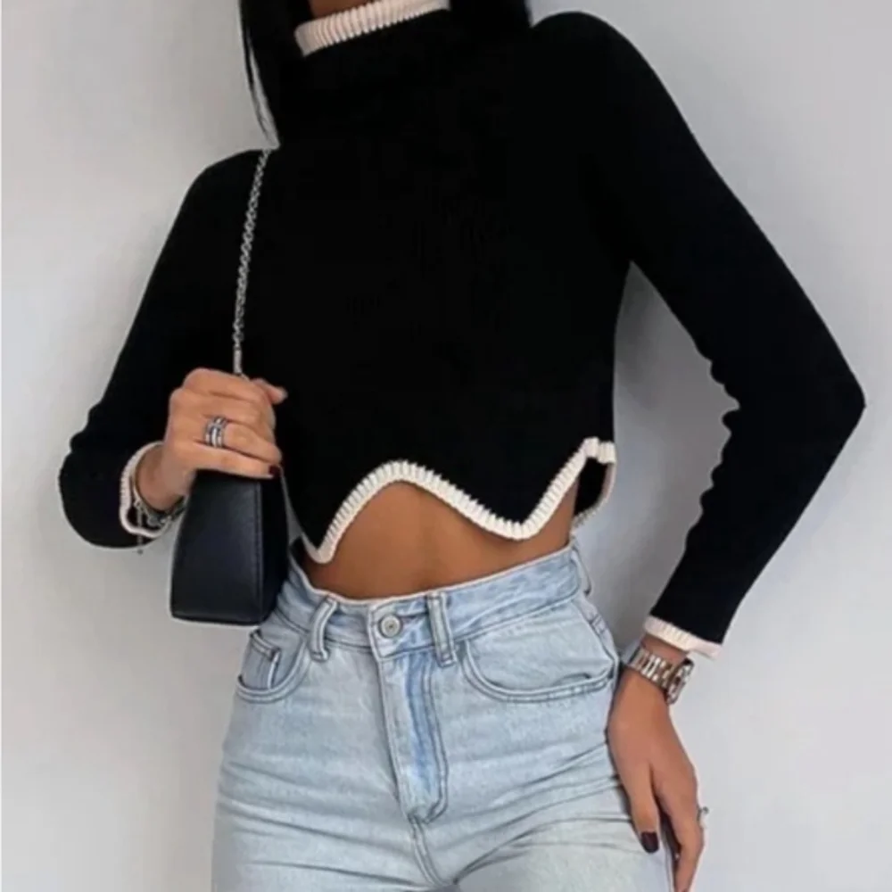 Commense Black and White Cowl Turtleneck Sweater with Wavy Stripe - Picture 2 of 6